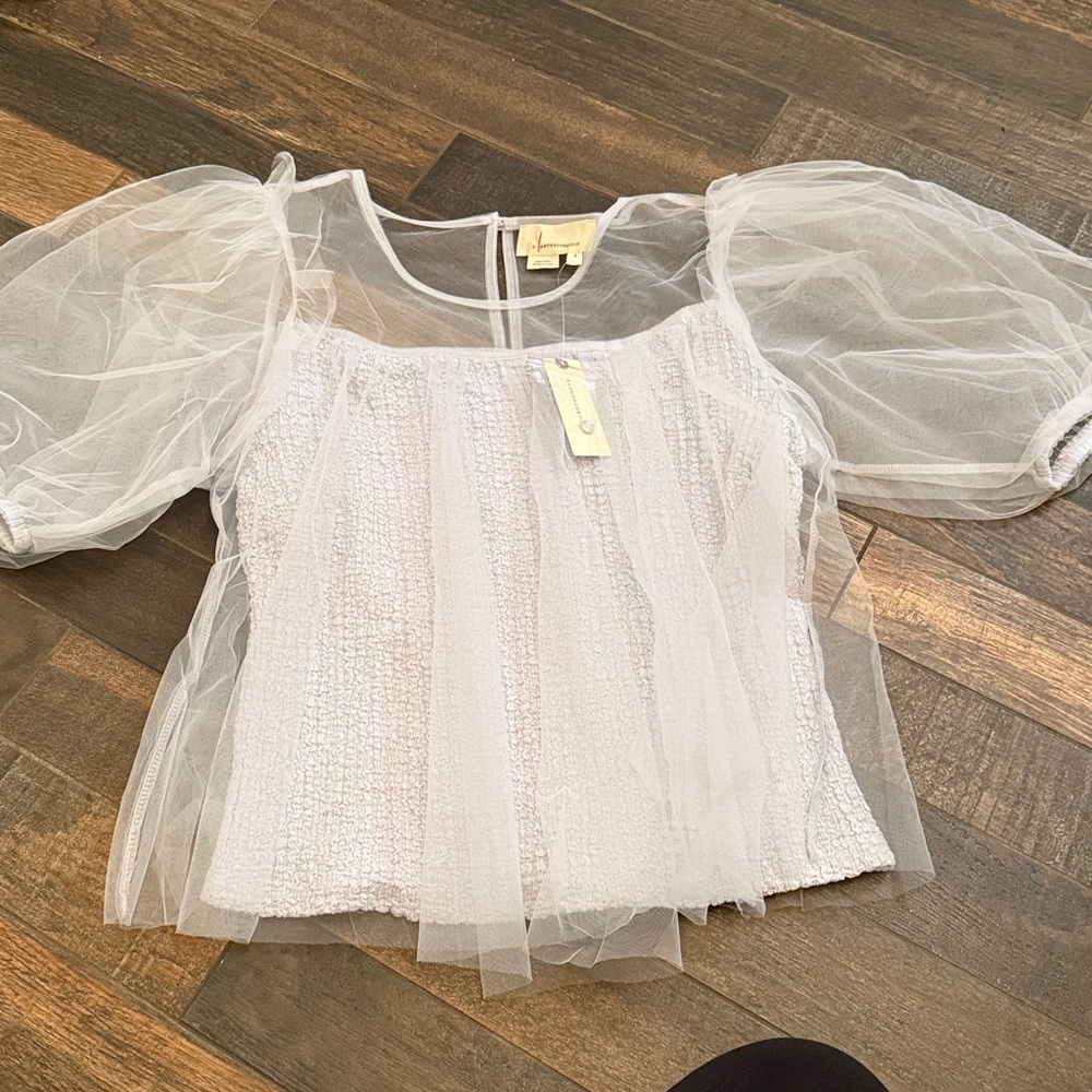Anthropologie Sheer Puff Sleeve Top - Picture 3 of 6